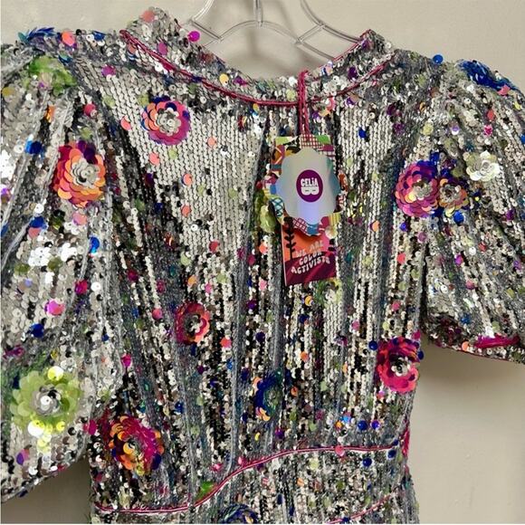 CeliaB Wonderer Silver Sequins Floral Statement Puff Sleeves Mini Dress NEW XXS - Picture 4 of 14